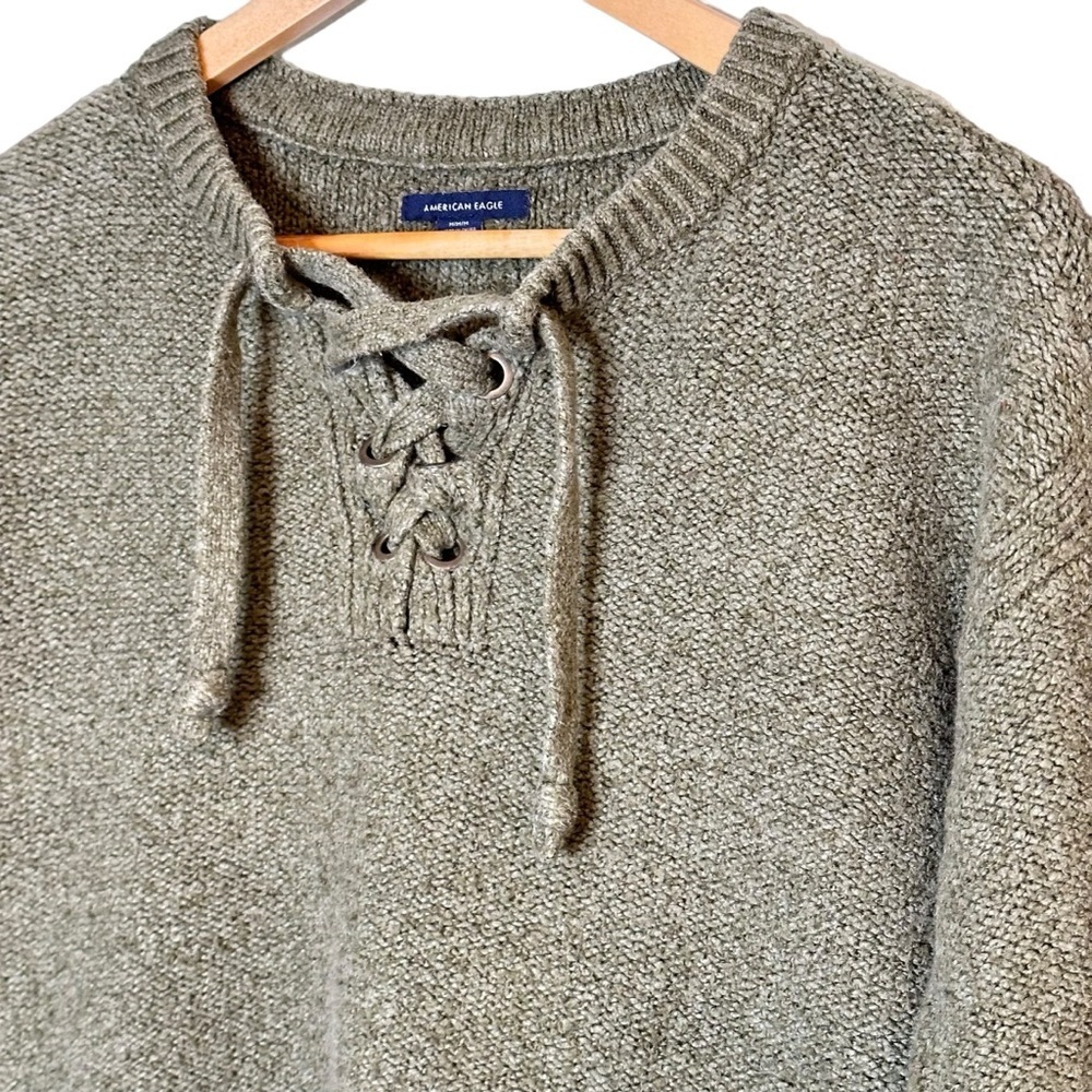 American Eagle Olive Green, LaceUp Cropped Y2k 90’s Casual Everyday Sweater sz M - Picture 11 of 14